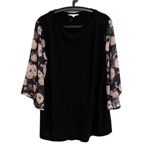 Amaryllis Womens Black Floral Bell Sleeve Blouse Size 1X Office Fairy Festival